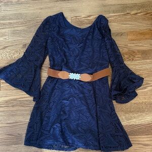 Long Sleeve Navy Blue Lace Kids Dress with Brown Belt
